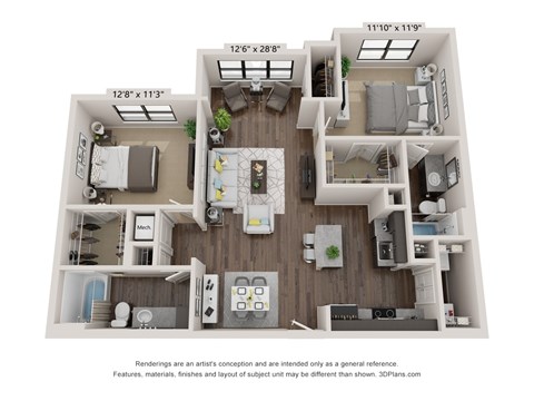 Floor plan for 2 beds, 2 baths, 1168 sqft